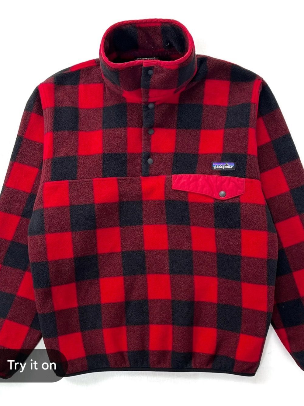 PATAGONIA MENS SNAP T PULLOVER SYNCHILLA FUZZY RED BLACK PLAID CHECK MEDIUM